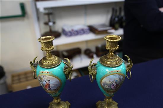 A pair of 19th century French ormolu mounted Sevres style jewelled porcelain cassoulets, height 9in.